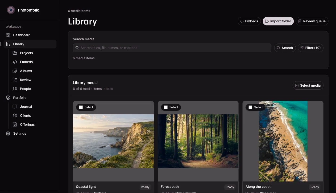 Photonfolio photo library with search filters and photographs